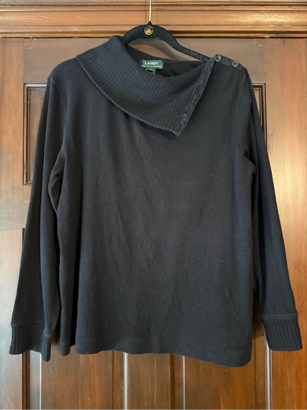Lauren Ralph Lauren Black Ribbed Funnel Neck Sweater with Button Detail